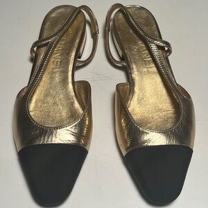 CHANEL Gold and Black Slingback Heels